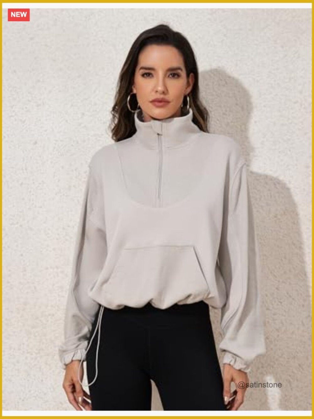 Ribbed Half Zip Cropped Sweatshirt with Pockets - Picture 3 of 6